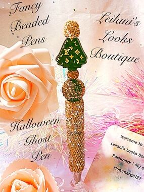 Fancy beaded Pen/gifts/brown ghost/halloween ghost/brown beads/spooky